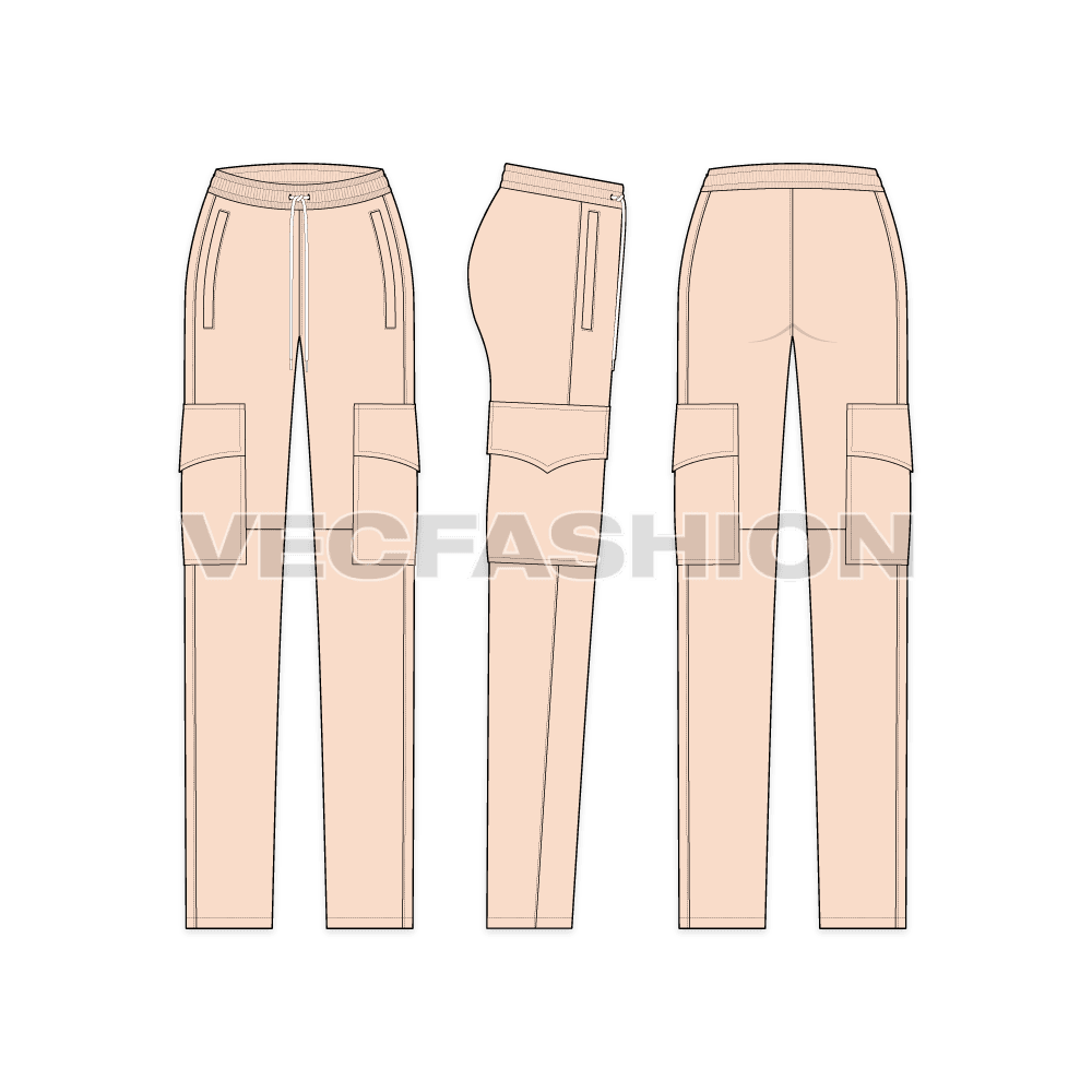 Womens cargo pajamas flat sketch, showing all views, front, side and back