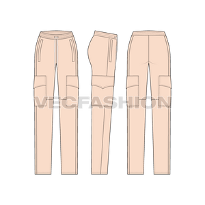 A vector fashion sketch for Women's Cargo Pajamas. It is a casual pants made out of French Terry best for Fall Season. It has pocket detailing on sides with long drawstrings. There are two welt pockets on sides.