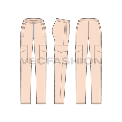 A vector fashion sketch for Women's Cargo Pajamas. It is a casual pants made out of French Terry best for Fall Season. It has pocket detailing on sides with long drawstrings. There are two welt pockets on sides.