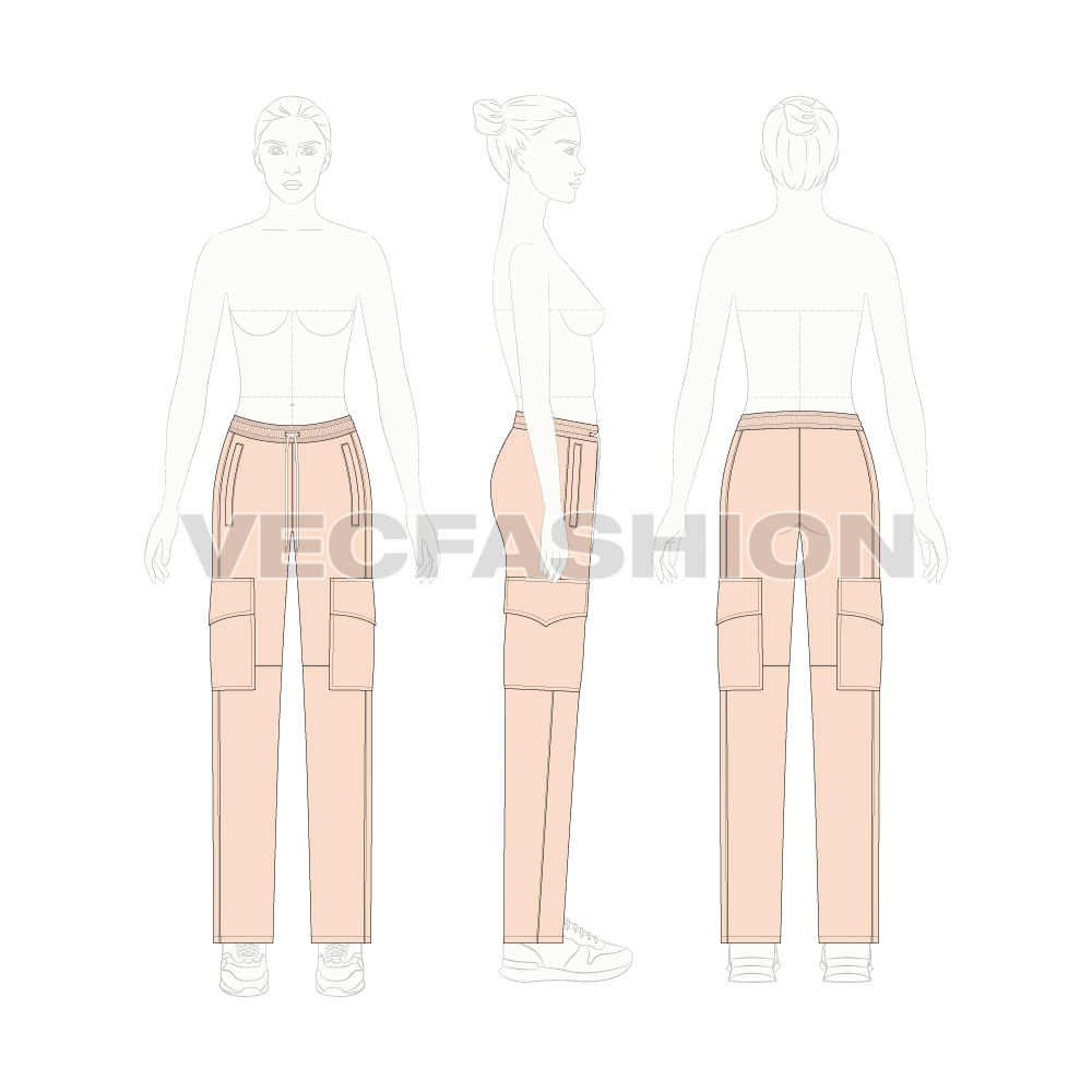 Womens cargo pajamas flat sketch, on croqui