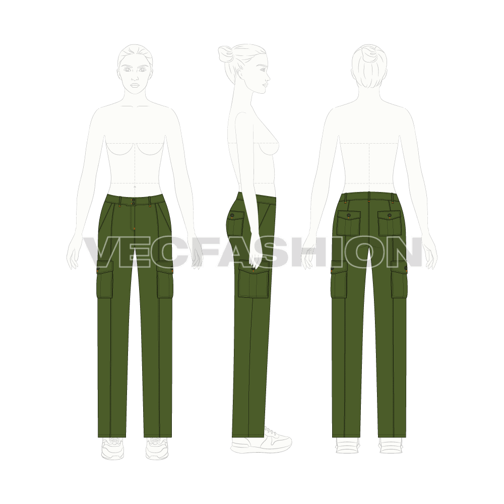 Womens cargo pants flat sketch, on croqui