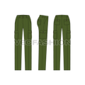 Womens cargo pants flat sketch, showing all views, front, side and back