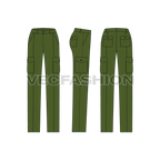 Womens cargo pants flat sketch, showing all views, front, side and back