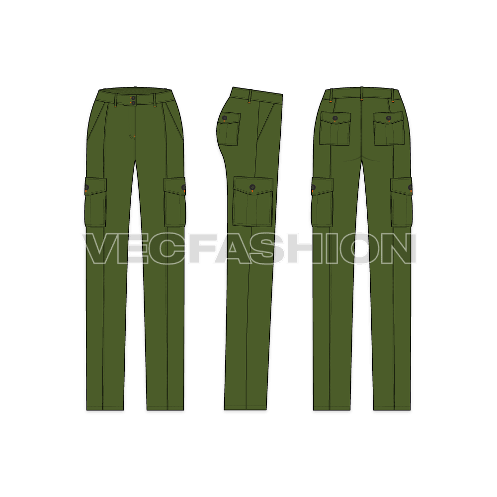 Womens cargo pants flat sketch, showing all views, front, side and back