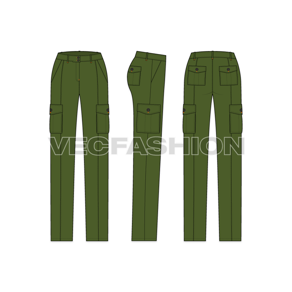 A stylish vector template for Women's Cargo Pants in army green color. This vector template has a cut line on front and with patch pockets on side legs. The waist band have a unique style and it is wider. The belt loops are also wider than its usual thickness.