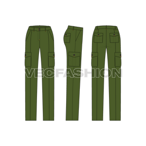 A stylish vector template for Women's Cargo Pants in army green color. This vector template has a cut line on front and with patch pockets on side legs. The waist band have a unique style and it is wider. The belt loops are also wider than its usual thickness.