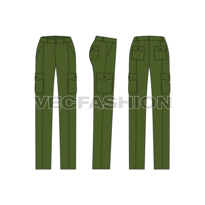 A stylish vector template for Women's Cargo Pants in army green color. This vector template has a cut line on front and with patch pockets on side legs. The waist band have a unique style and it is wider. The belt loops are also wider than its usual thickness.