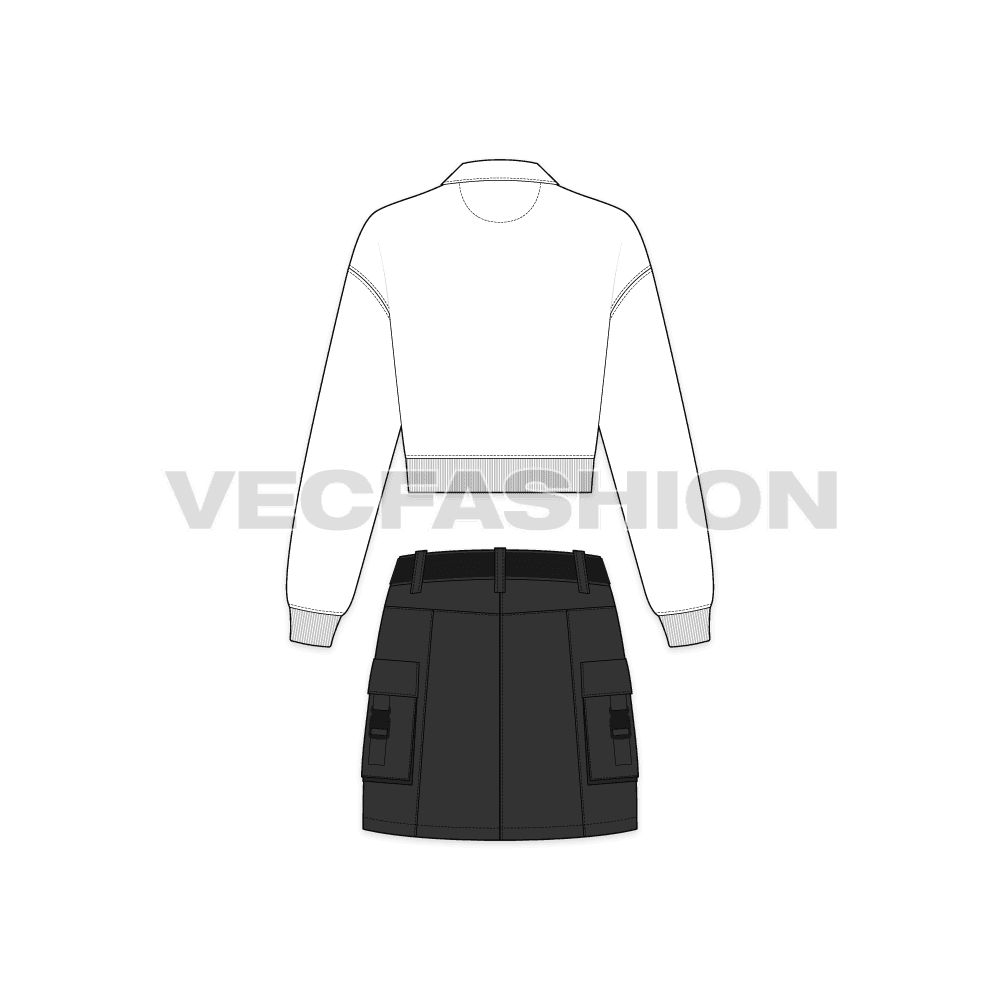 Womens cargo skirt with top flat sketch, back view
