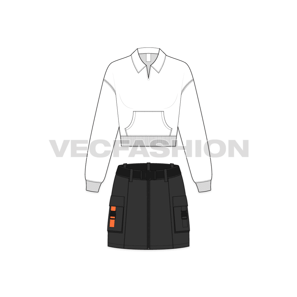 Womens cargo skirt with top flat sketch, front view