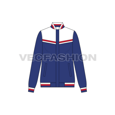 A vector illustrator template of Women's Casual Jacket. It as V shape panels on front and 3 colored stripe cuffs on sleeves and bottom hems. 