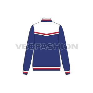 A vector illustrator template of Women's Casual Jacket. It as V shape panels on front and 3 colored stripe cuffs on sleeves and bottom hems. 