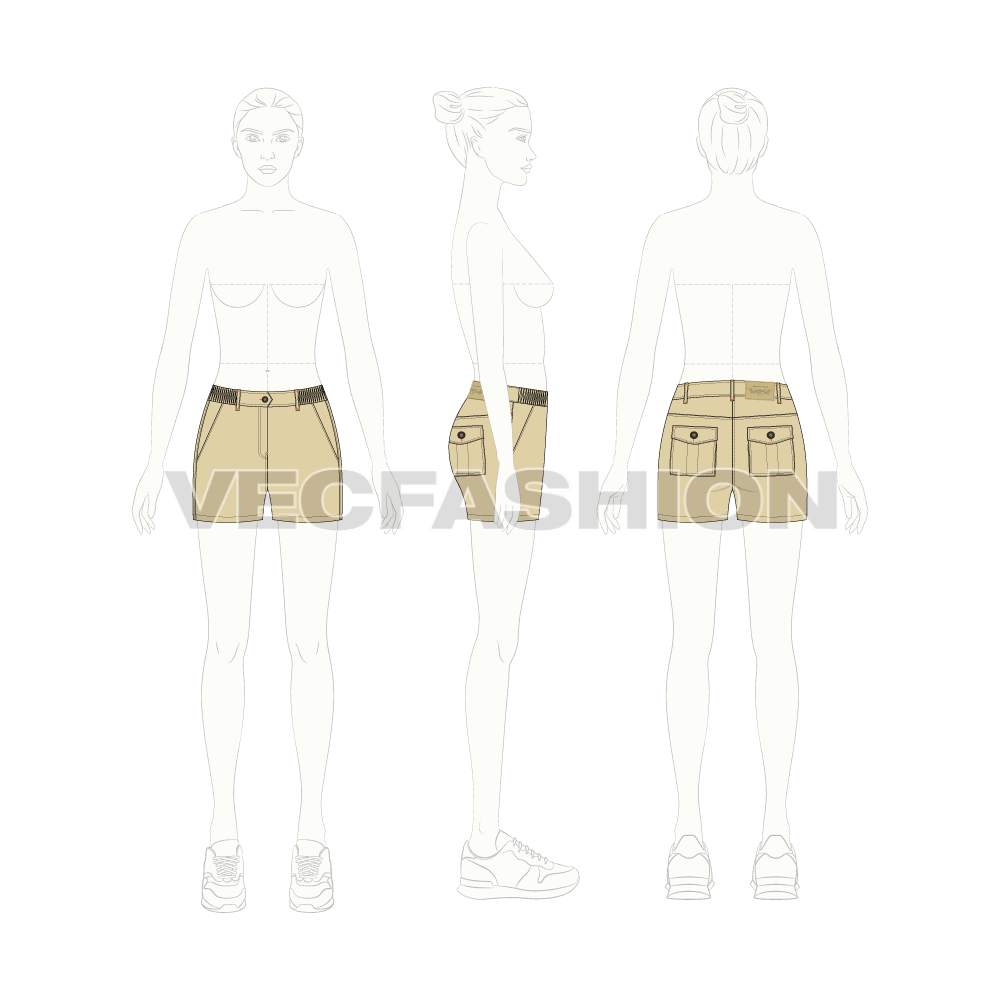 Womens casual khaki cotton shorts flat sketch, croqui sketch
