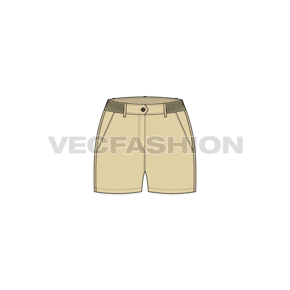Womens casual khaki cotton shorts flat sketch, front view