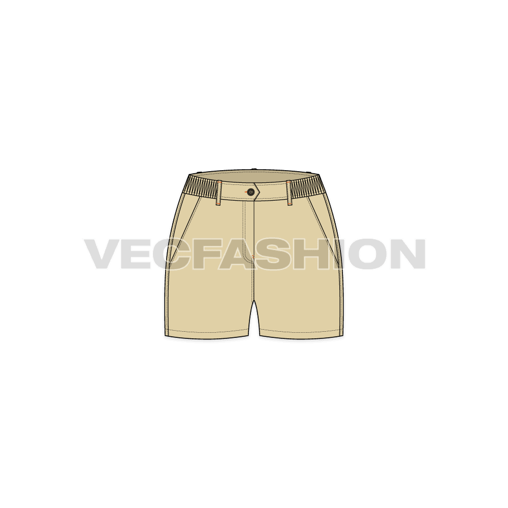 A Women's Casual Shorts in Khaki Colored fabric with partial elastic on waist band. Box Pockets on the with Box Pleat to create more room for the Pocket. These pockets are commonly found on apparels like Cargo Pants and Field Jackets. Bar Tack on Loops and Plastic Button on Center Front Waist.