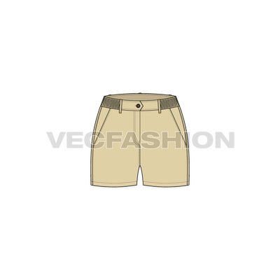 A Women's Casual Shorts in Khaki Colored fabric with partial elastic on waist band. Box Pockets on the with Box Pleat to create more room for the Pocket. These pockets are commonly found on apparels like Cargo Pants and Field Jackets. Bar Tack on Loops and Plastic Button on Center Front Waist.