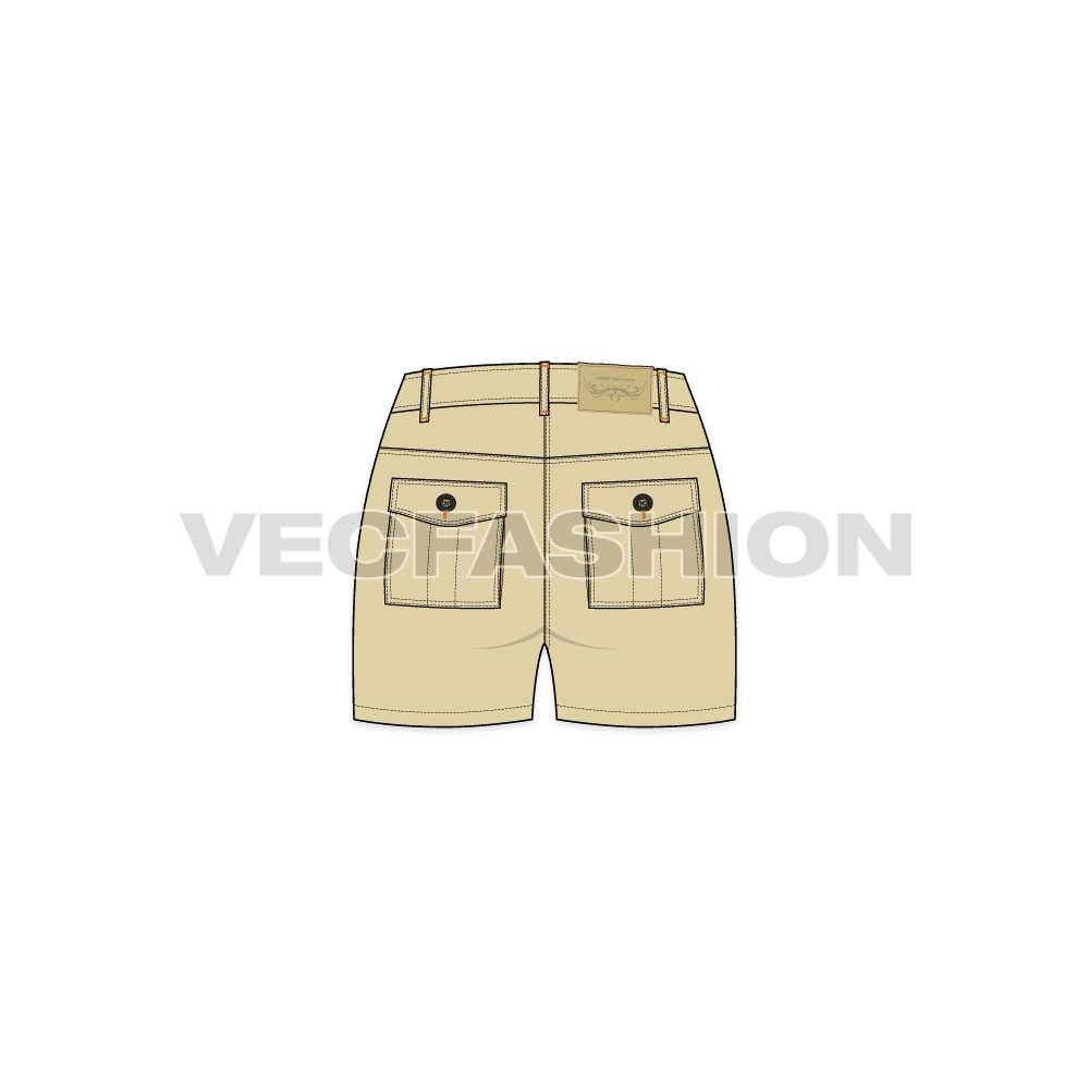 Womens casual khaki cotton shorts flat sketch, back view