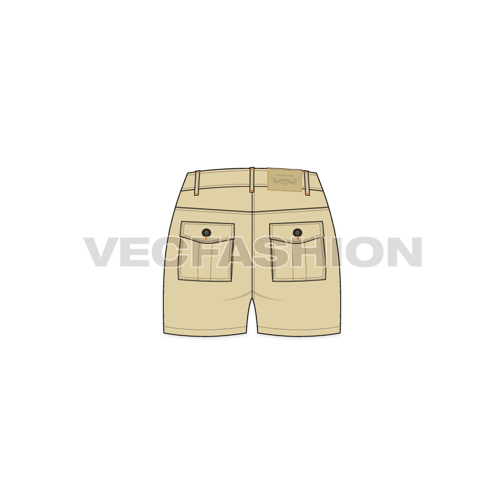 A Women's Casual Shorts in Khaki Colored fabric with partial elastic on waist band. Box Pockets on the with Box Pleat to create more room for the Pocket. These pockets are commonly found on apparels like Cargo Pants and Field Jackets. Bar Tack on Loops and Plastic Button on Center Front Waist.