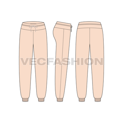 A vector template for Women's Casual Pajama. It has a big waistband with drawstrings and a gathered cuff at the bottom.