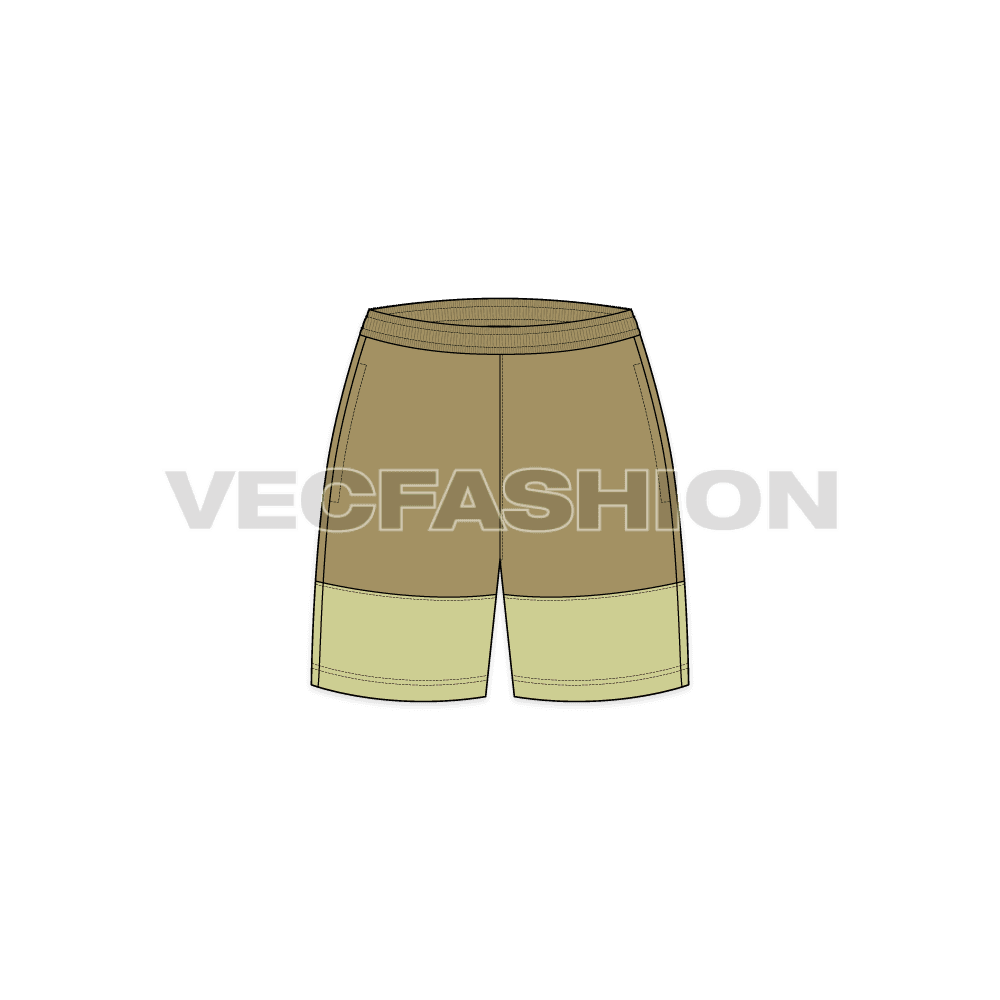 A vector fashion sketch for Women's Sport Shorts. It has a cut n sew panel with contrast color at the bottom. It has an elasticated waistband with side pockets on the side seam. 