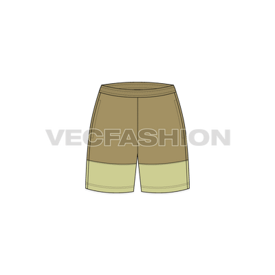 A vector fashion sketch for Women's Sport Shorts. It has a cut n sew panel with contrast color at the bottom. It has an elasticated waistband with side pockets on the side seam. 