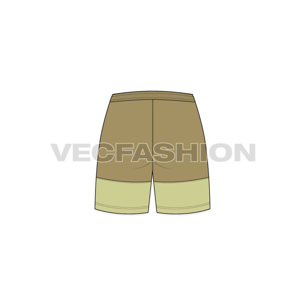 A vector fashion sketch for Women's Sport Shorts. It has a cut n sew panel with contrast color at the bottom. It has an elasticated waistband with side pockets on the side seam. 