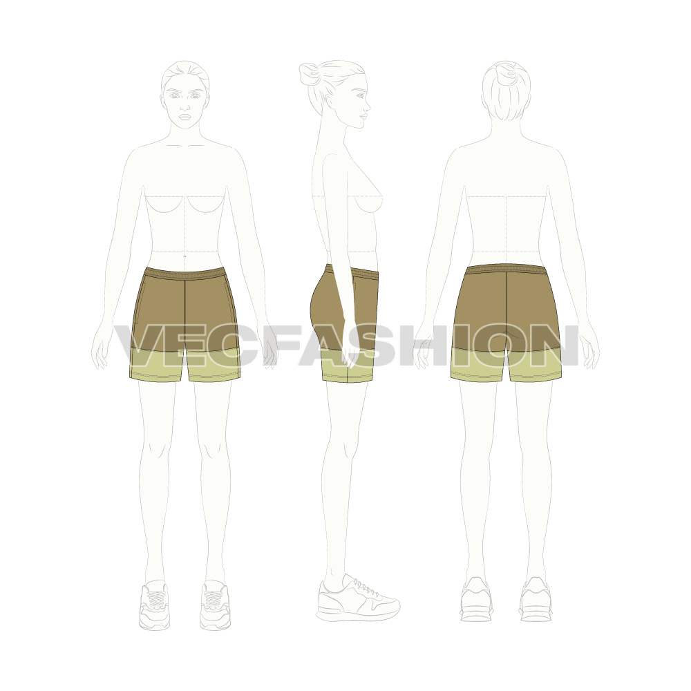 Womens casual shorts flat sketch, croqui sketch
