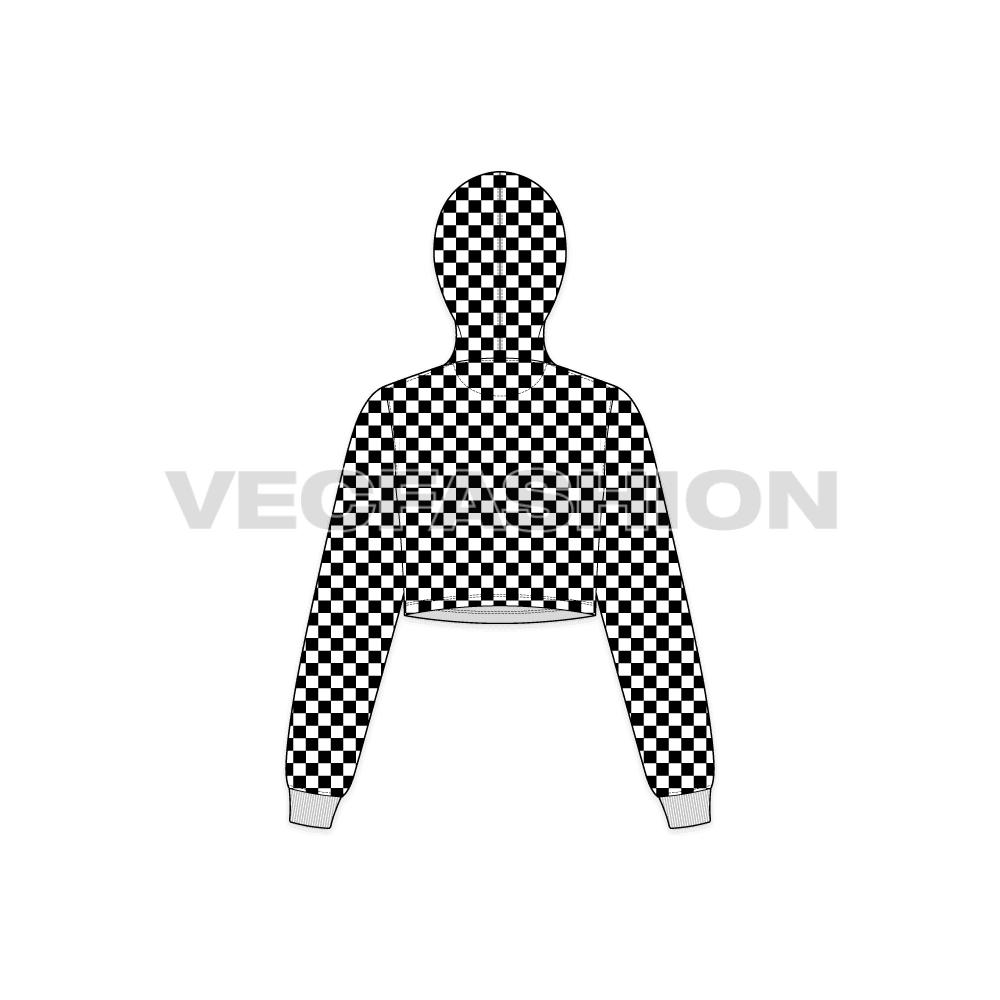 Womens checkered hoodie flat sketch, back view