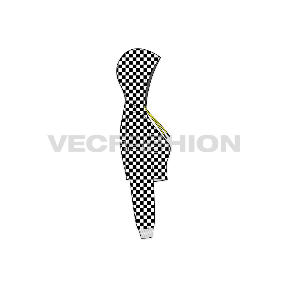 A new vector illustrator template of Women's Checkered Hoodie. It is a crop cut hoodie without the rib at bottom and have checkered pattern as allover print.