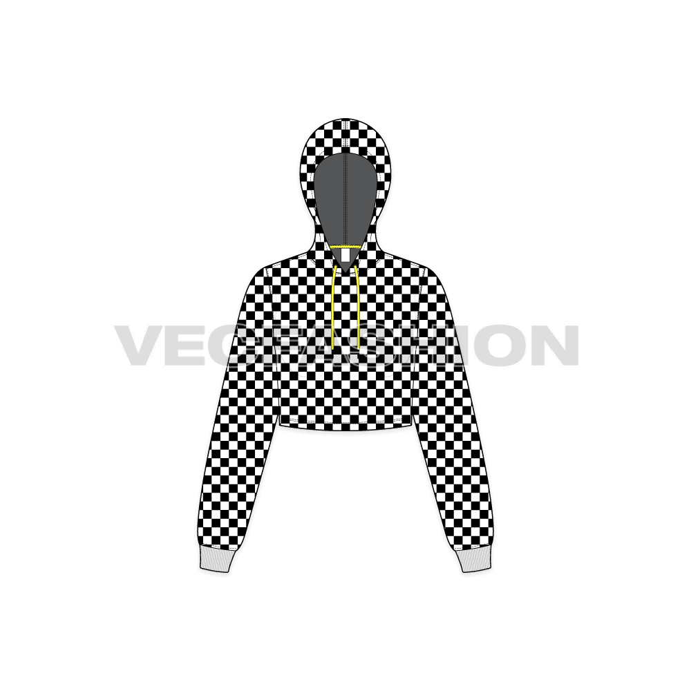 Womens checkered hoodie flat sketch, front view