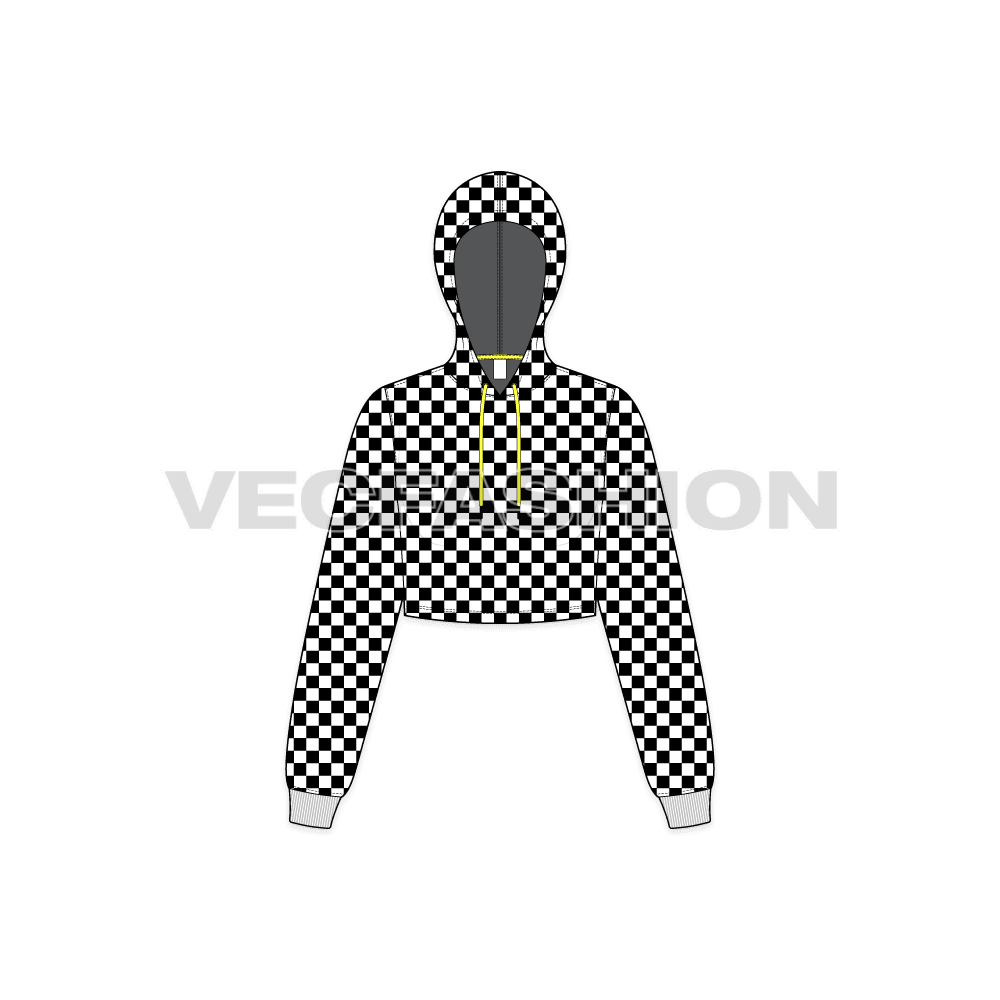 A new vector illustrator template of Women's Checkered Hoodie. It is a crop cut hoodie without the rib at bottom and have checkered pattern as allover print.