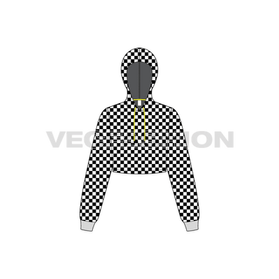 A new vector illustrator template of Women's Checkered Hoodie. It is a crop cut hoodie without the rib at bottom and have checkered pattern as allover print.