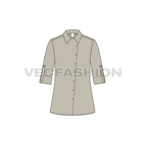 A vector illustrator template for Women's Chef Shirt. It has an asymmetrical cutline on front with rolled up sleeves fastened with epaulet.