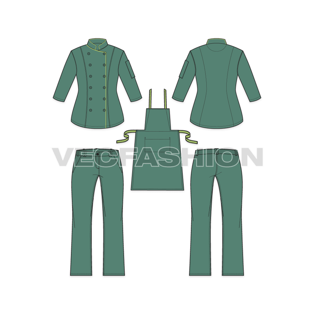 A Vector Fashion Set for Women's Chef Uniform. It has Chef's Coat, Pants and Apron. The Chef's Coat is with a 3/4 Sleeve and has a pocket on the left arm.