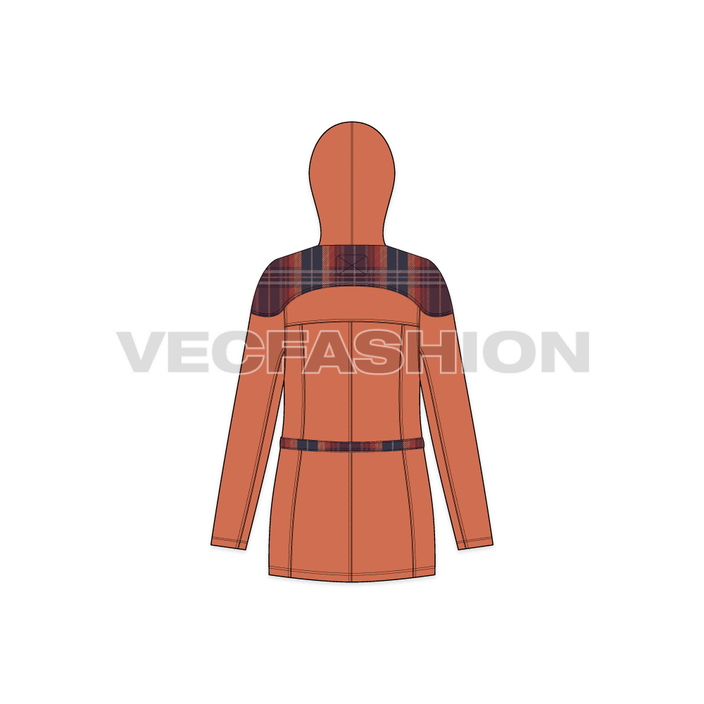 A detailed and clean vector template for Women's Classic Anorak Jacket. It details like Hood, Pockets, Belt, Hood and a Scottish Fabric Texture.