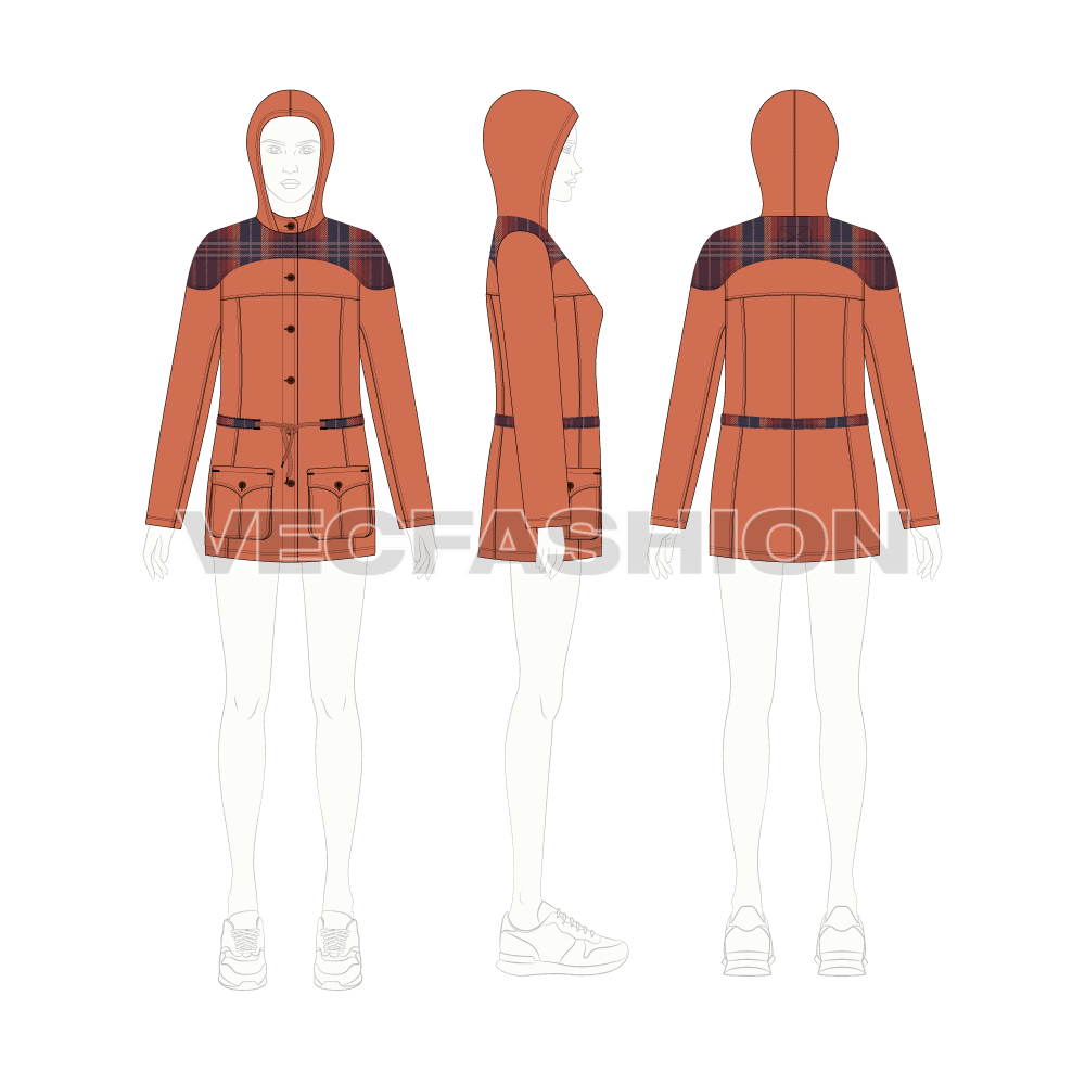 Women's Classic Anorak Jacket flat sketch, croqui sketch