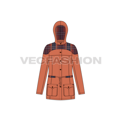 A detailed and clean vector template for Women's Classic Anorak Jacket. It details like Hood, Pockets, Belt, Hood and a Scottish Fabric Texture.