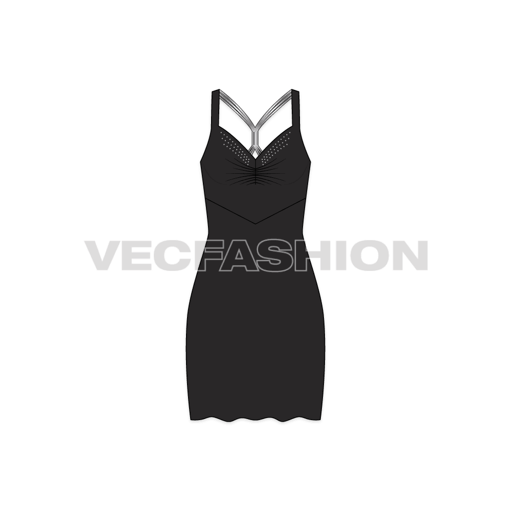 Womens classic black cocktail dress flat sketch, front view