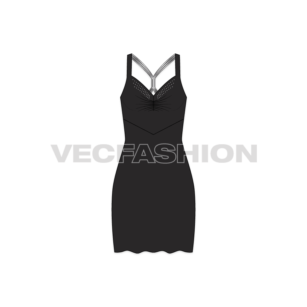 A Women's Classic Black Cocktail Dress Vector Template with Star Studs on front and Metallic Straps for back lifting. The front have gathers at bust level and a cut panel at waist level. The length of the dress is till knee level and flare out below the hip level. This can be made in Silk, Pure Chiffon or Satin, flowing fabric will help making the bottom look.