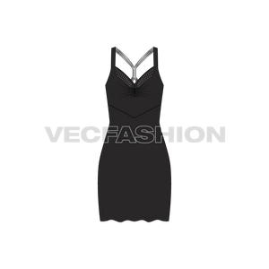 A Women's Classic Black Cocktail Dress Vector Template with Star Studs on front and Metallic Straps for back lifting. The front have gathers at bust level and a cut panel at waist level. The length of the dress is till knee level and flare out below the hip level. This can be made in Silk, Pure Chiffon or Satin, flowing fabric will help making the bottom look.