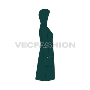 A Vector Template for Women's Classic Duffle Coat in Dark Green Color. It is added with Wooden Toggles on front, Main Loop Label, Big Coat Buttons and Big Pockets on Side Front.