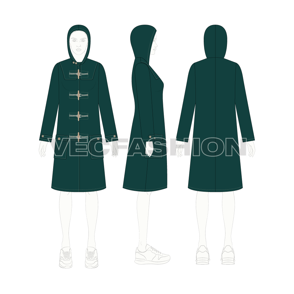 Women's Classic Duffle Coat flat sketch, croqui sketch