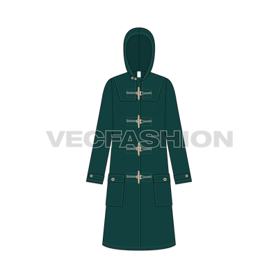 A Vector Template for Women's Classic Duffle Coat in Dark Green Color. It is added with Wooden Toggles on front, Main Loop Label, Big Coat Buttons and Big Pockets on Side Front.