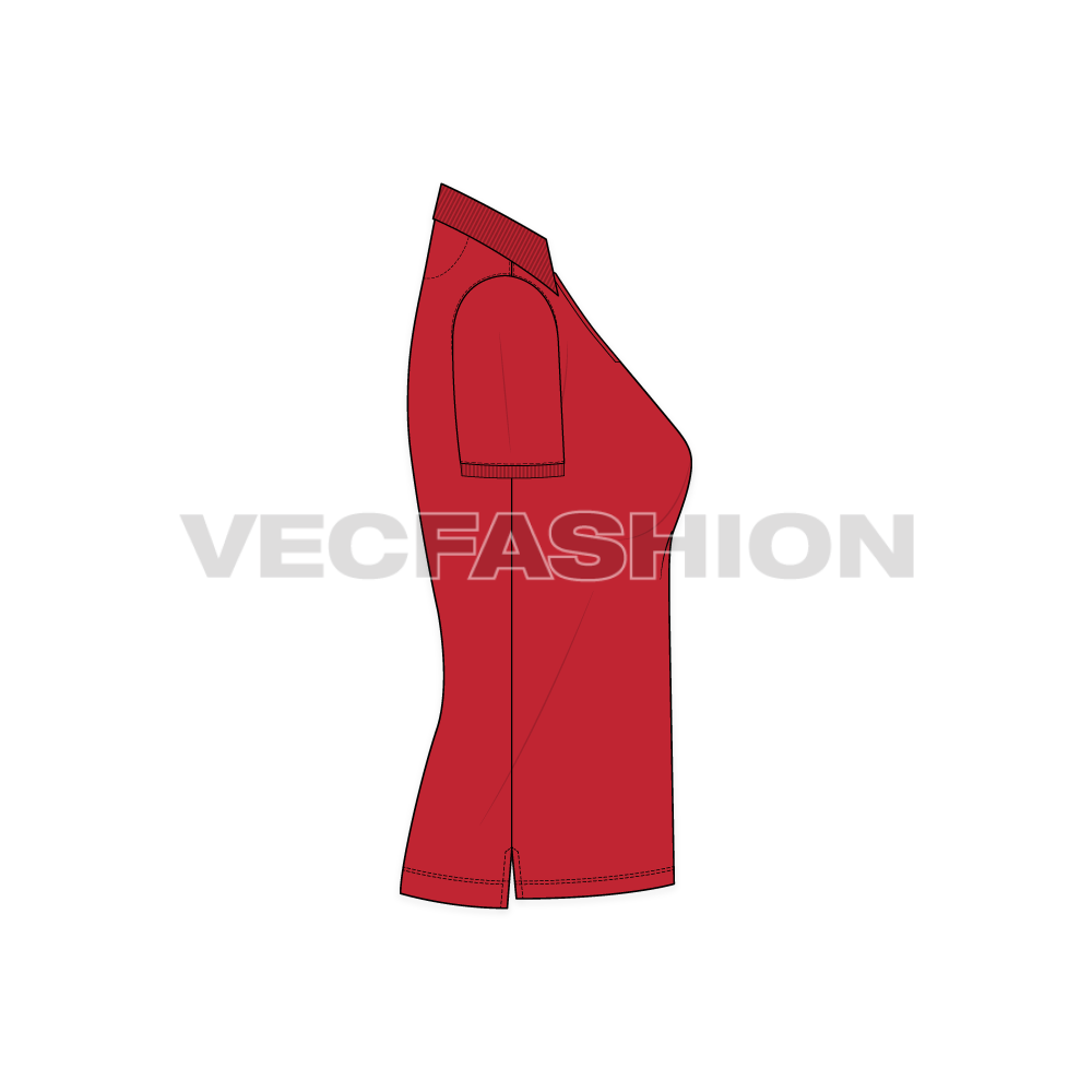Womens classic red polo shirt flat sketch, side view