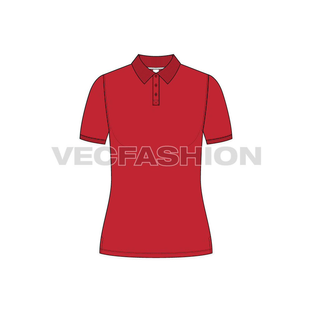 Womens classic red polo shirt flat sketch, front view