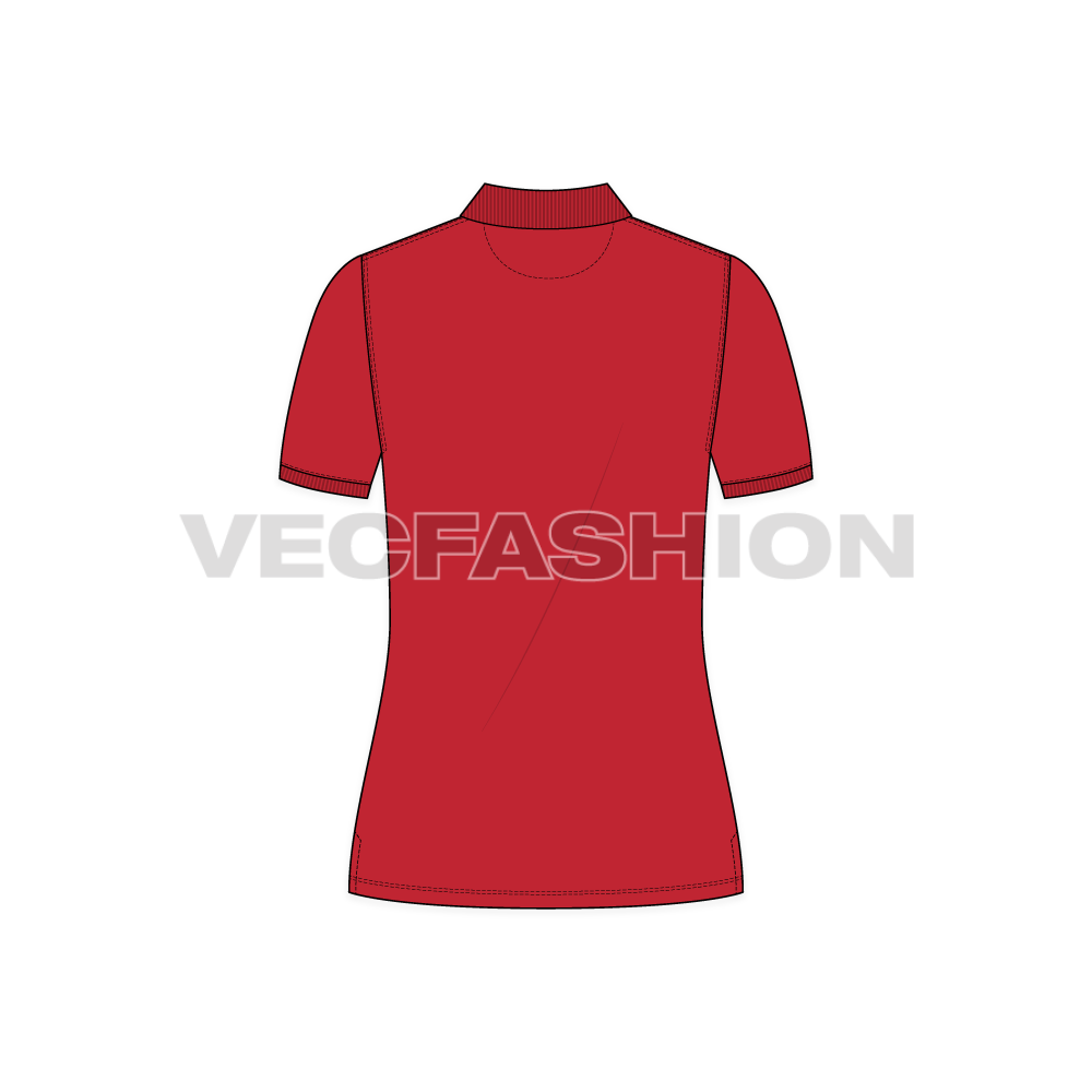 Womens classic red polo shirt flat sketch, back view