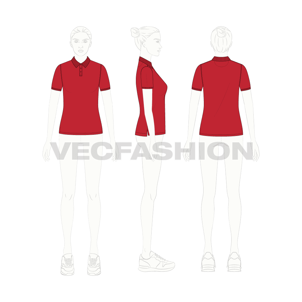 Womens classic red polo shirt flat sketch, croqui sketch