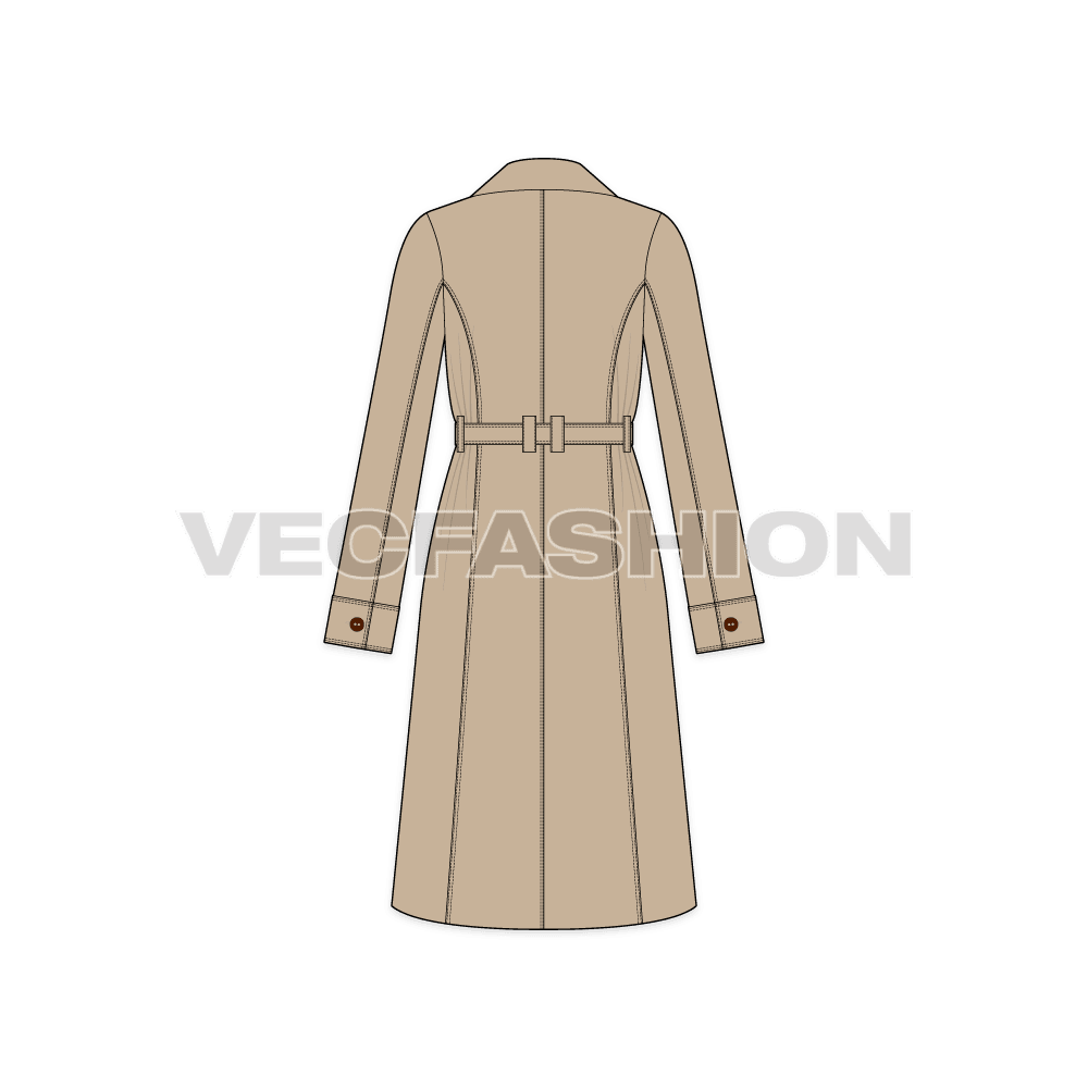 Women's Classic Trench Coat flat sketch, back view
