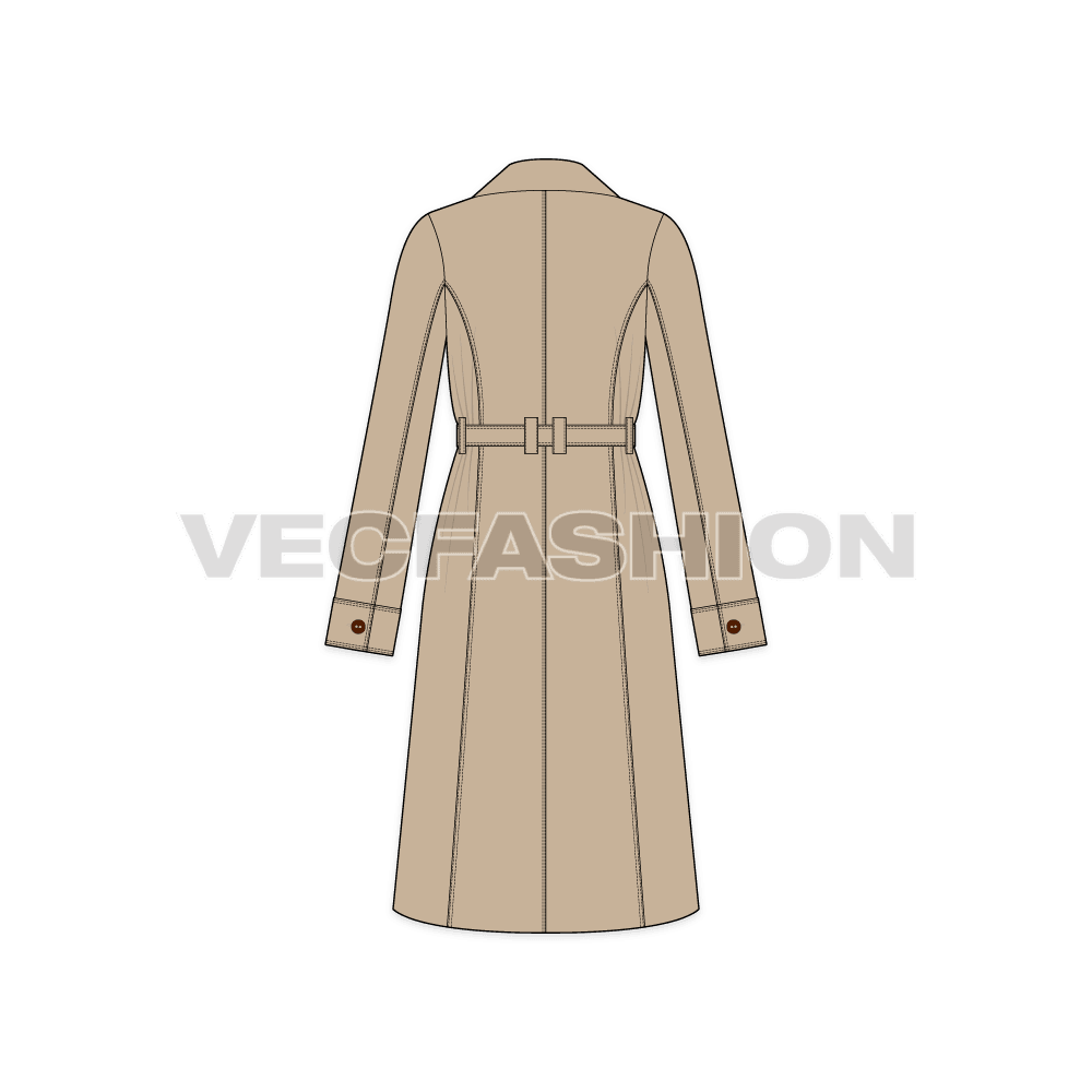 A Vector Template for Women's Double-breasted Classic Trench Coat in cream color. It is added with Main Loop Label, Big Coat Buttons, a Big Belt with Belt Loops. This is a must-have product for Fall/Winter seasons especially when going outdoor.