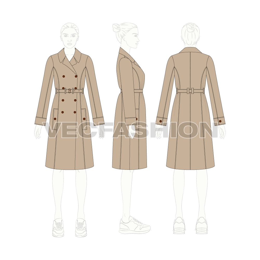 Women's Classic Trench Coat flat sketch, croqui sketch