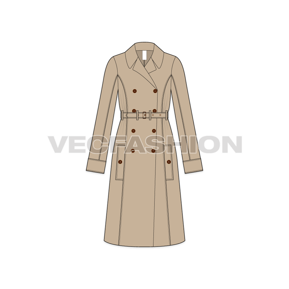 Women's Classic Trench Coat flat sketch, front view